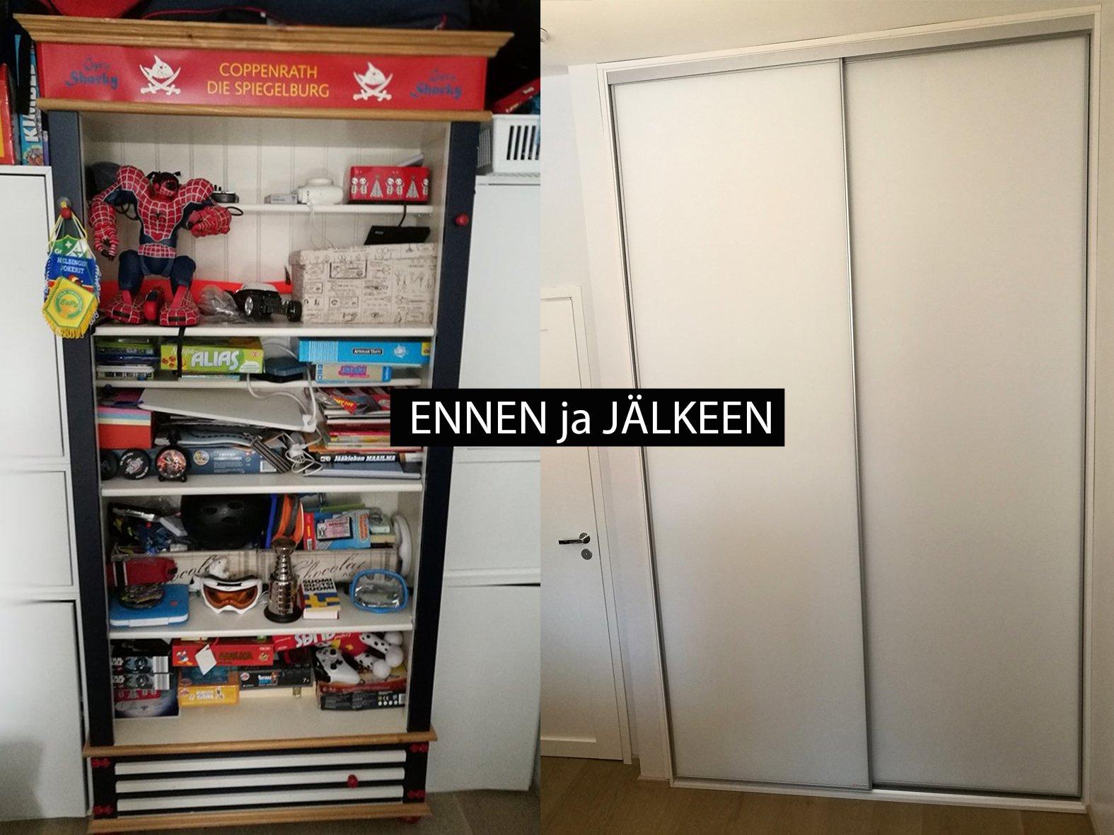Kuvassa kaapistoratkaisu ennen Liukuovitehtaan apua ja asennuksen jälkeen, kun valkoiset liukuovikaapit kätkevät sotkun.
