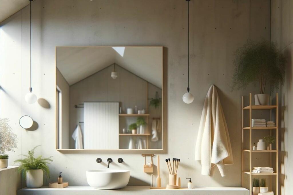 Pienen kylpyhuoneen seinällä on iso peili. Käsienpesualla, pyyhe ja katosta roikkuva lamppu.