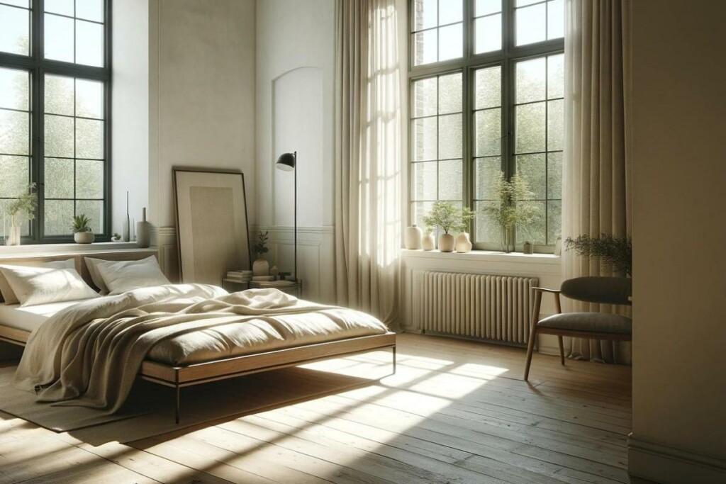 Makuuhuoneessa on isot ikkunat, joista tulee kirkasta luonnonvaloa. 